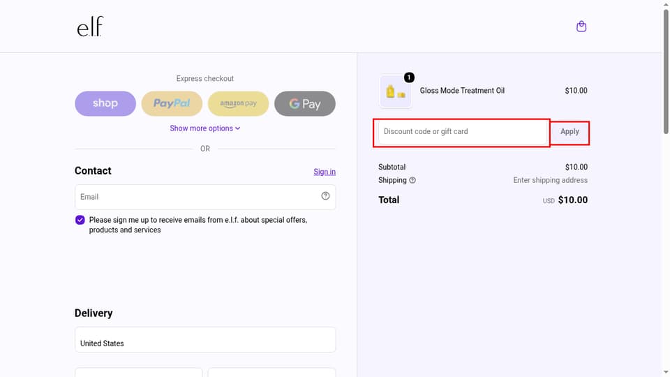 e.l.f. Cosmetics checkout page showing the Discount code or gift card field and Apply button