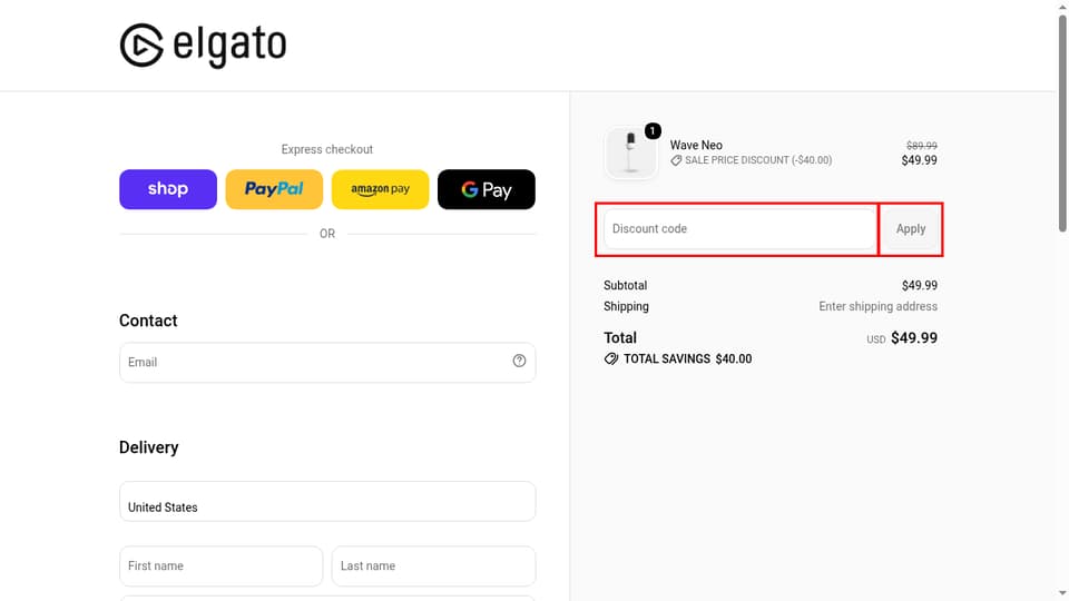 Elgato checkout page showing the Discount code field and Apply button