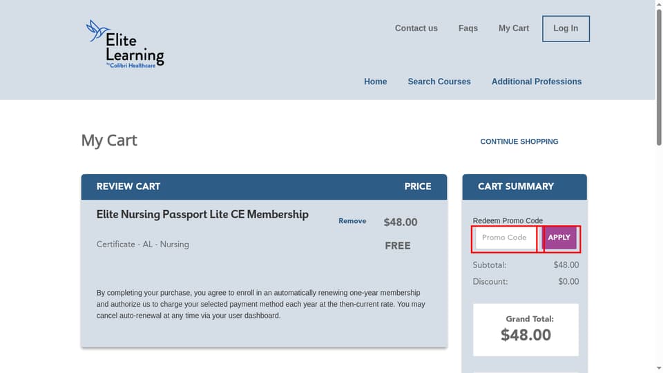 Elite Learning checkout page showing the Promo Code field and APPLY button