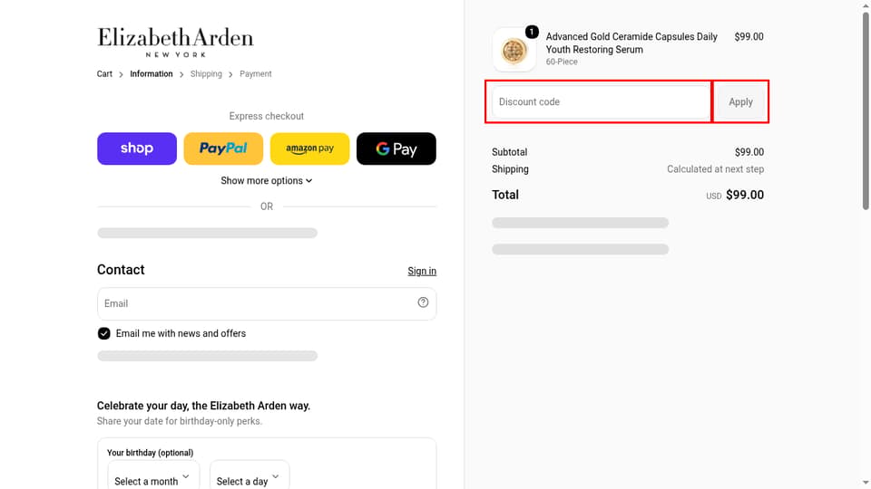 Elizabeth Arden checkout page showing the Discount code field and Apply button
