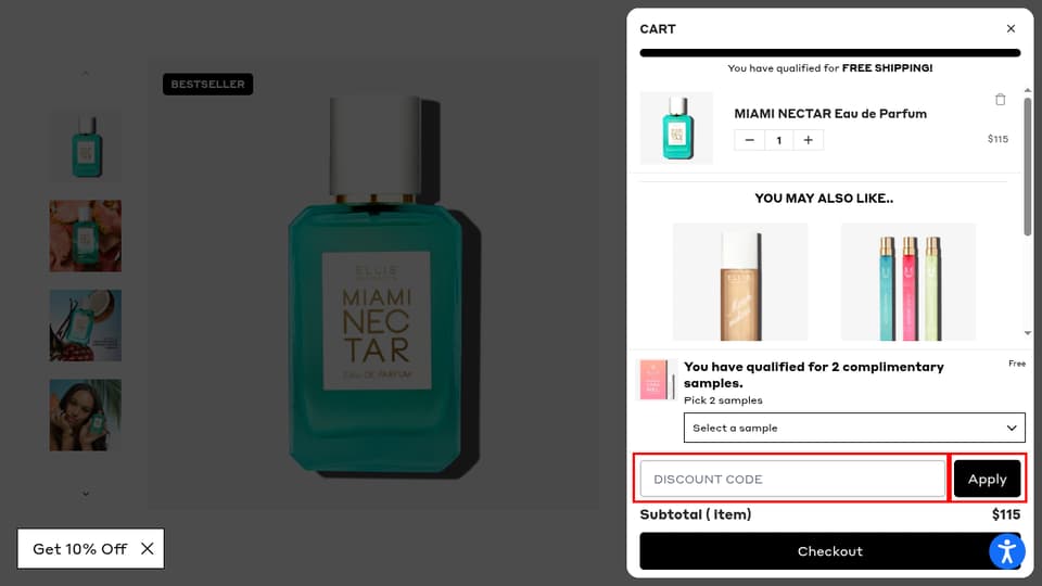 Ellis Brooklyn checkout page showing the Discount code field and Apply button