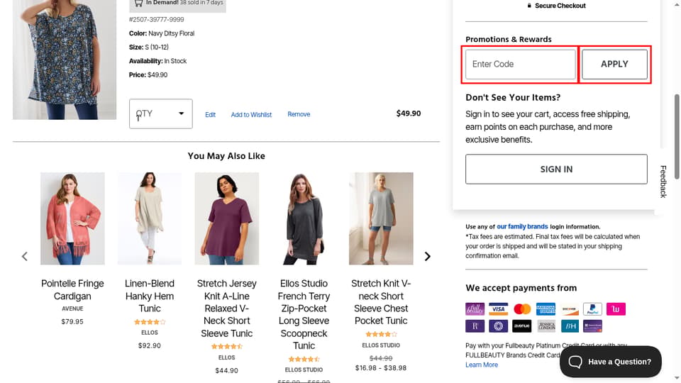 Ellos checkout page showing the Enter Code field and APPLY button