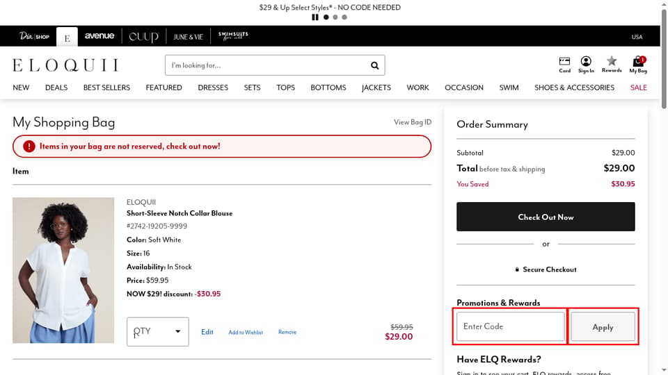 ELOQUII checkout page showing the Enter Code field and Apply button