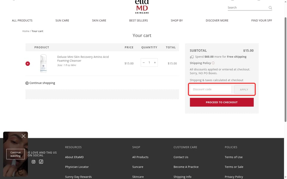 EltaMD checkout page showing the Discount code field and Apply button