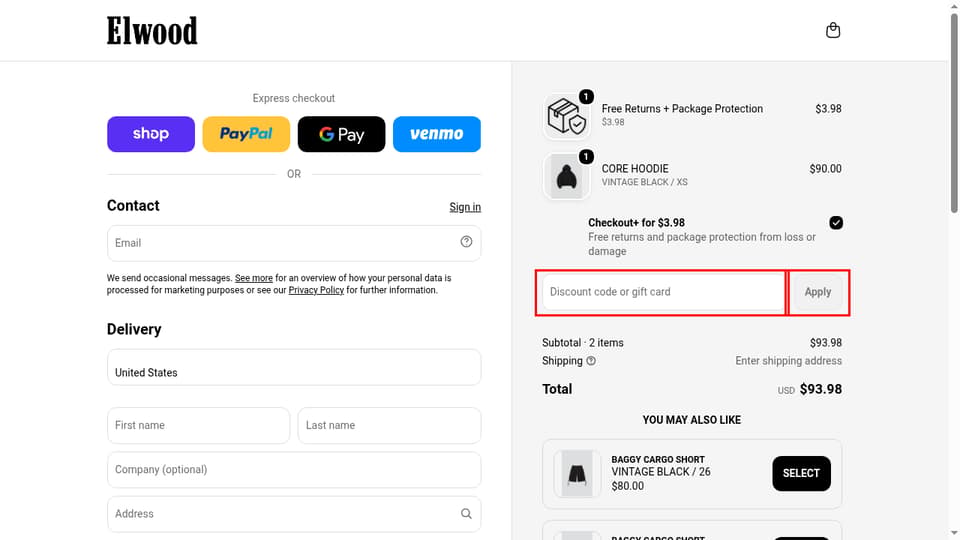 Elwood Clothing checkout page showing the Discount code or gift card field and Apply button
