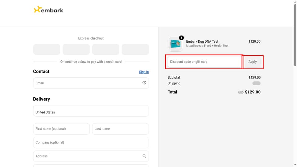 Embark checkout page showing the Discount code or gift card field and Apply button