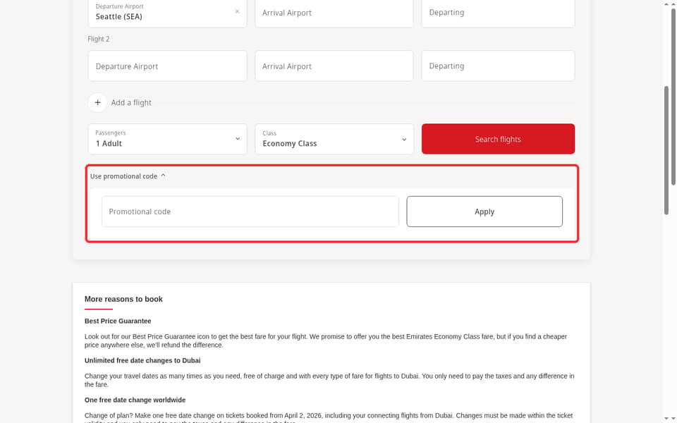 Emirates checkout page showing the Promotional code field and Apply button