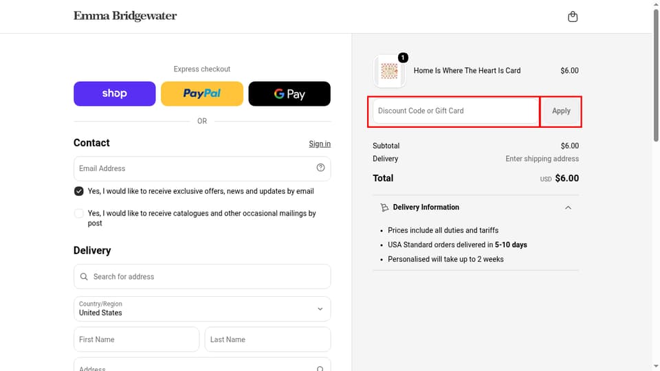 Emma Bridgewater checkout page showing the Discount Code or Gift Card field and Apply button