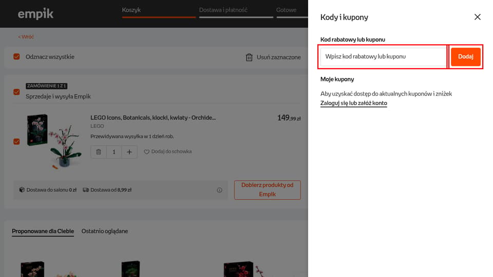 Empik checkout page showing the Wpisz kod rabatowy lub kuponu field and Dodaj button