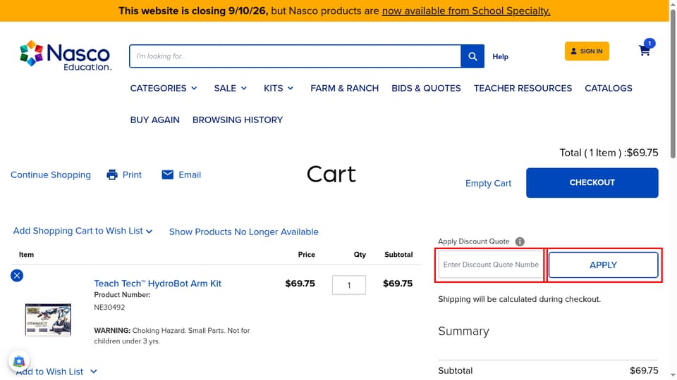 Nasco Education checkout page showing the Enter Discount Quote Number field and Apply button