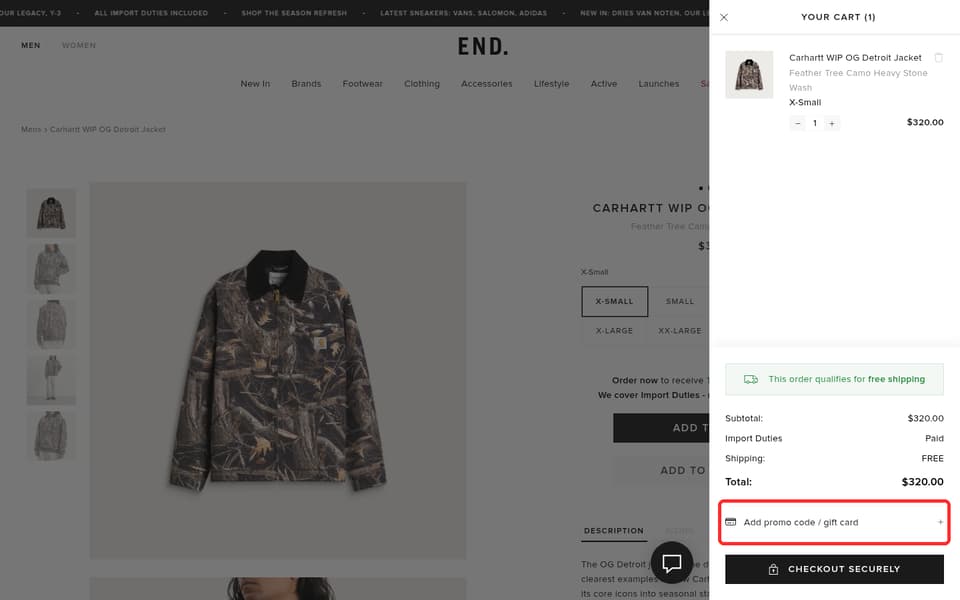 END. checkout page showing the Enter code field and Apply button