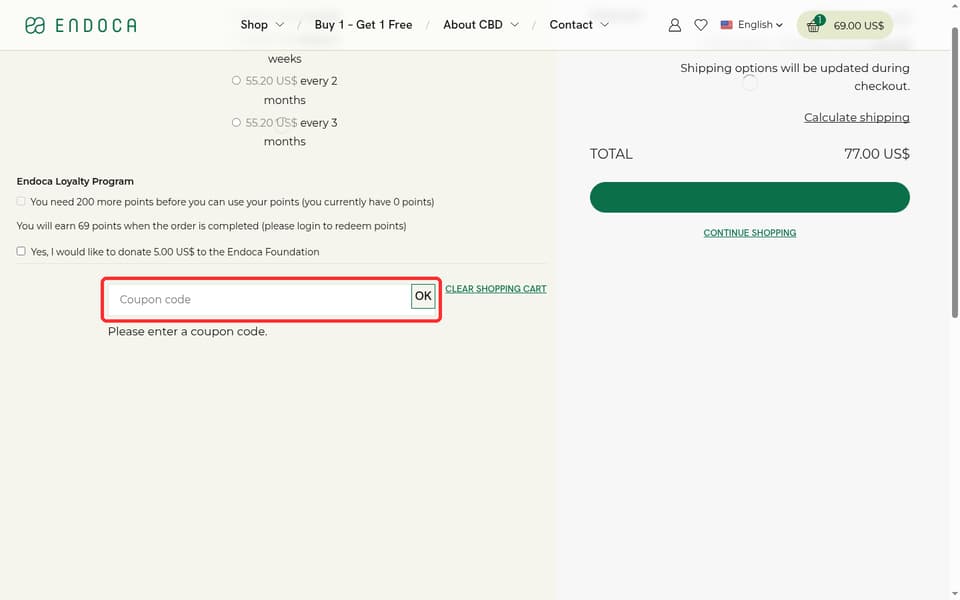 Endoca checkout page showing the Coupon code field and OK button