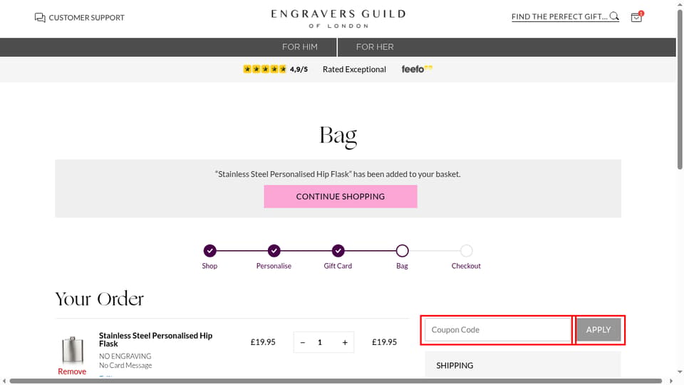 Engravers Guild of London checkout page showing the Coupon Code field and Apply button