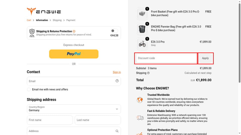 ENGWE checkout page showing the Discount code field and Apply button