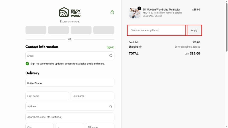 Enjoy The Wood checkout page showing the Discount code or gift card field and Apply button