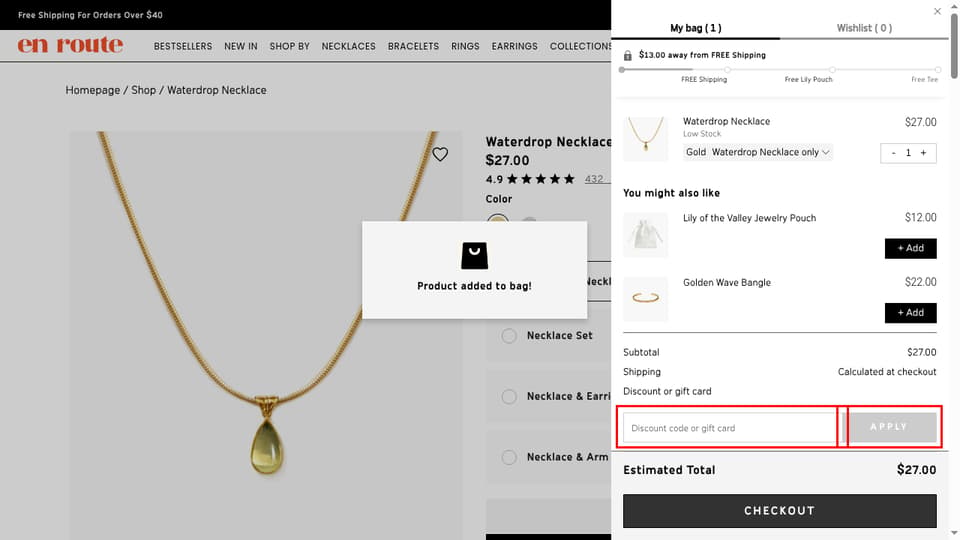 En Route Jewelry checkout page showing the Discount code or gift card field and Apply button