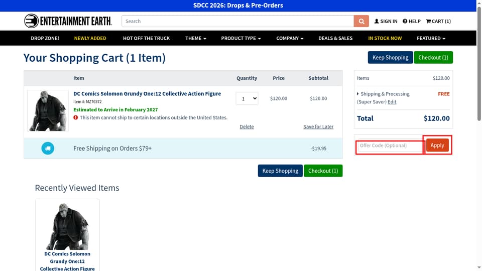 Entertainment Earth checkout page showing the Offer Code (Optional) field and Apply button