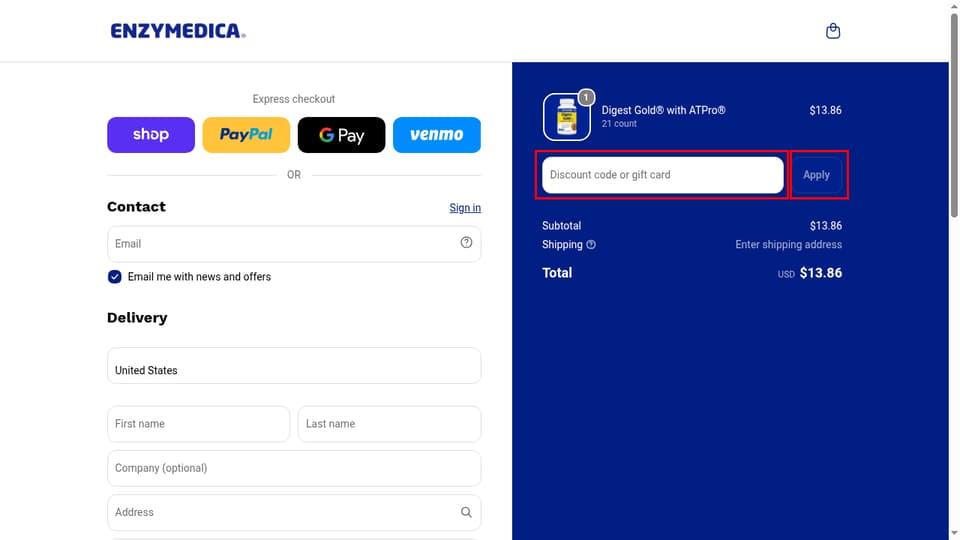 Enzymedica checkout page showing the Discount code or gift card field and Apply button