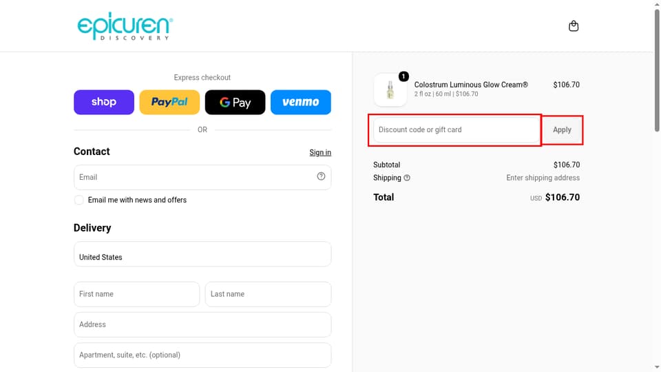 Epicuren Discovery checkout page showing the Discount code or gift card field and Apply button