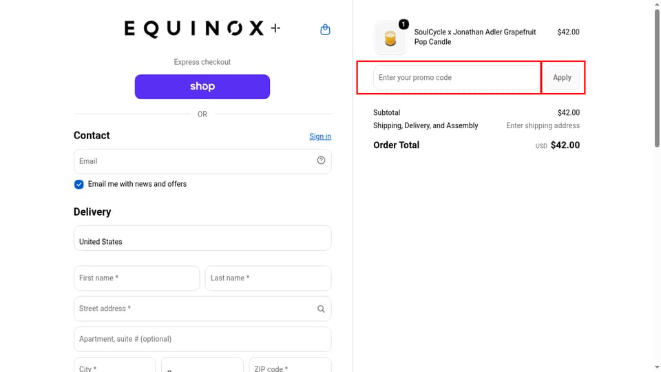 Equinox+ checkout page showing the Enter your promo code field and Apply button