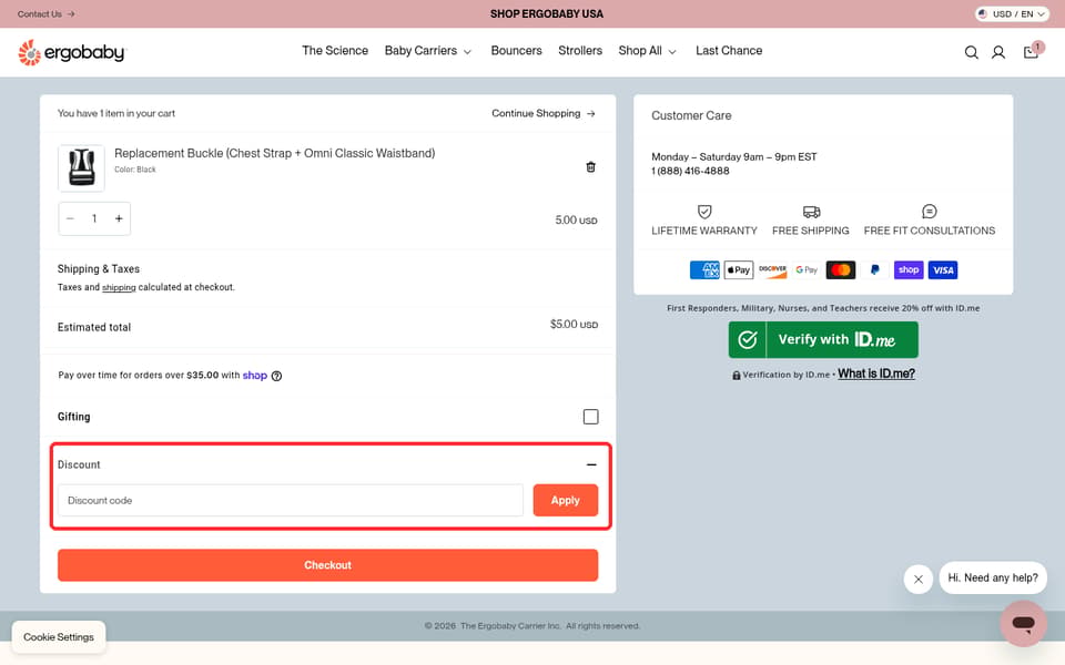 Ergobaby checkout page showing the Discount code field and Apply button