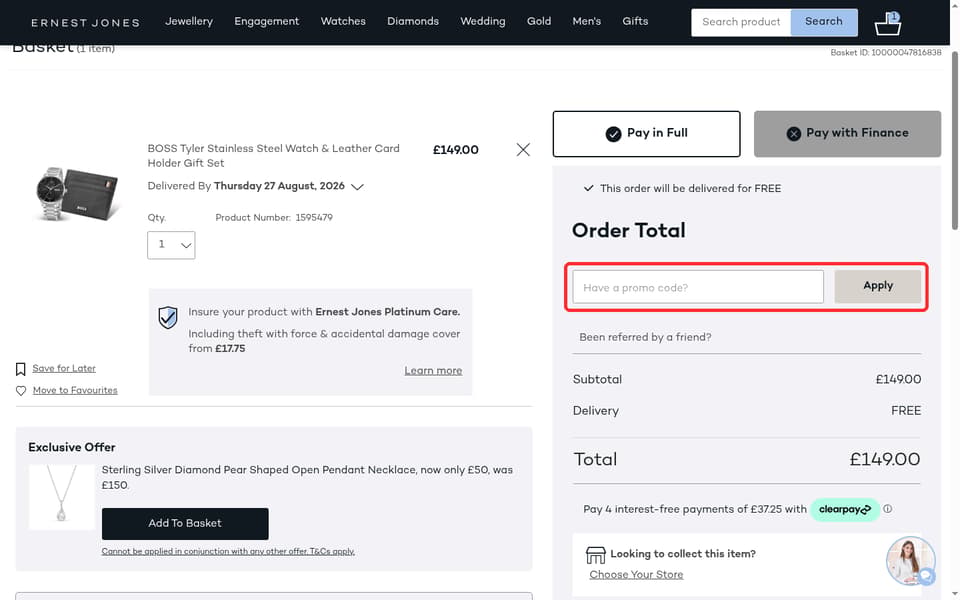 Ernest Jones checkout page showing the Have a promo code? field and Apply button