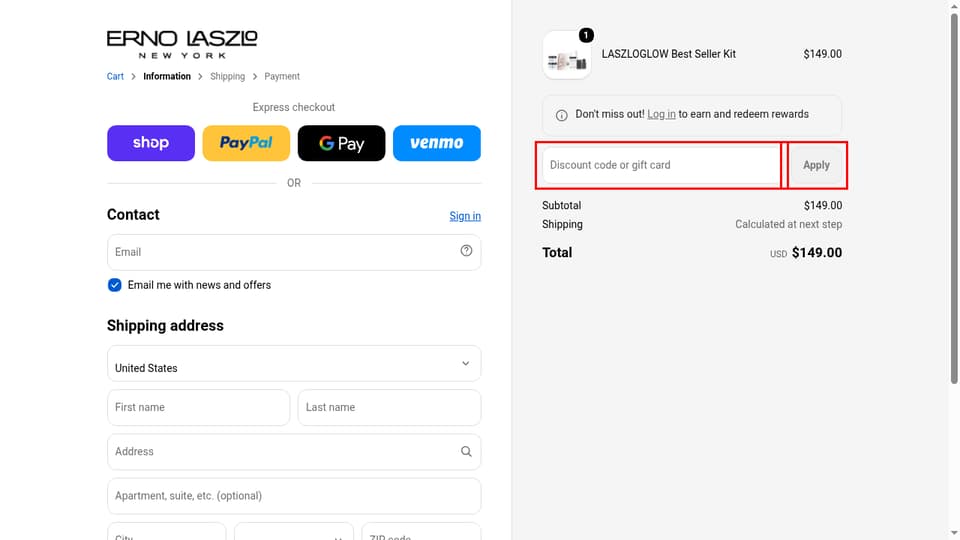 Erno Laszlo checkout page showing the Discount code or gift card field and Apply button