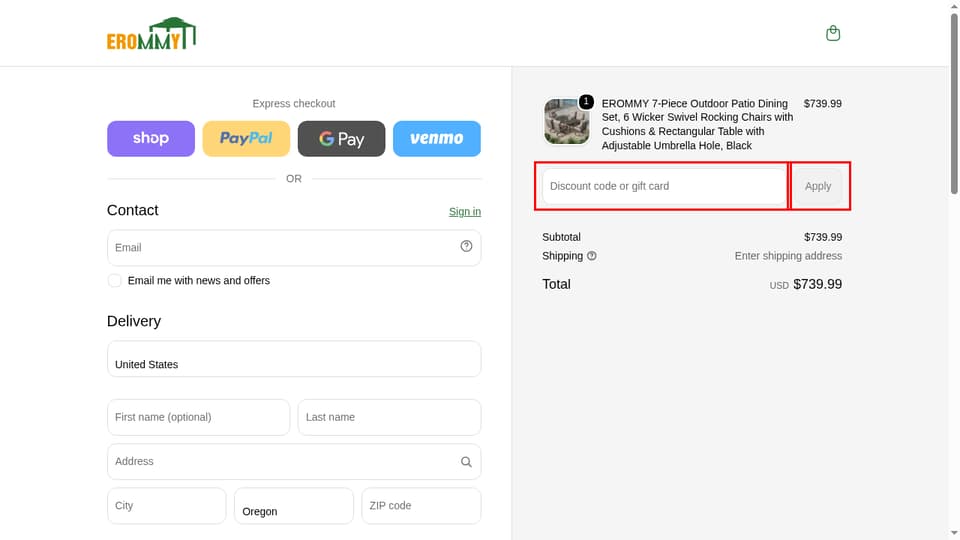 Erommy checkout page showing the Discount code or gift card field and Apply button