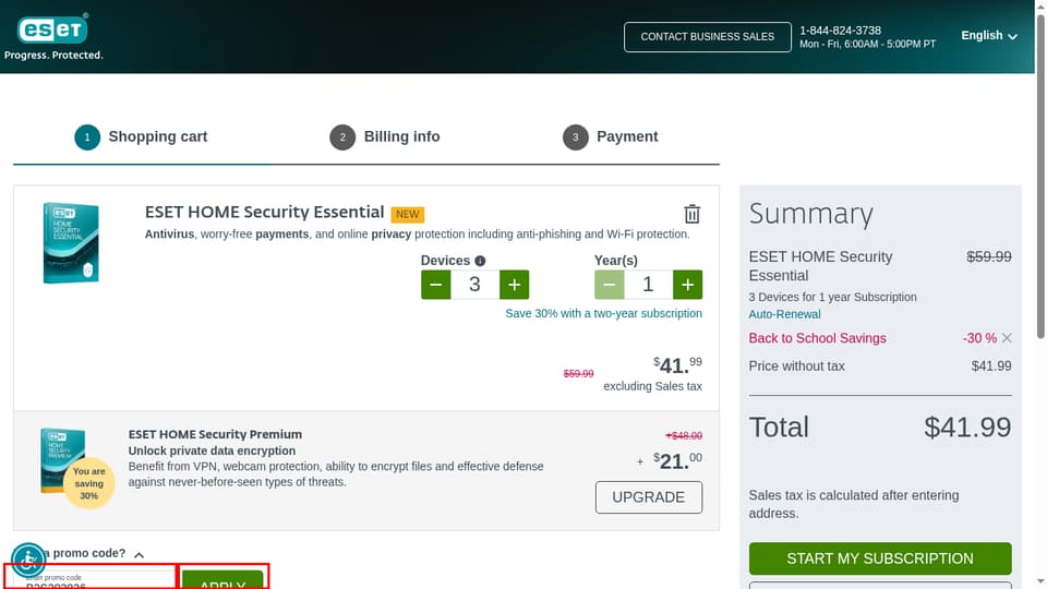 ESET checkout page showing the Enter promo code field and Apply button