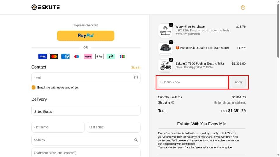 Eskute checkout page showing the Discount code field and Apply button