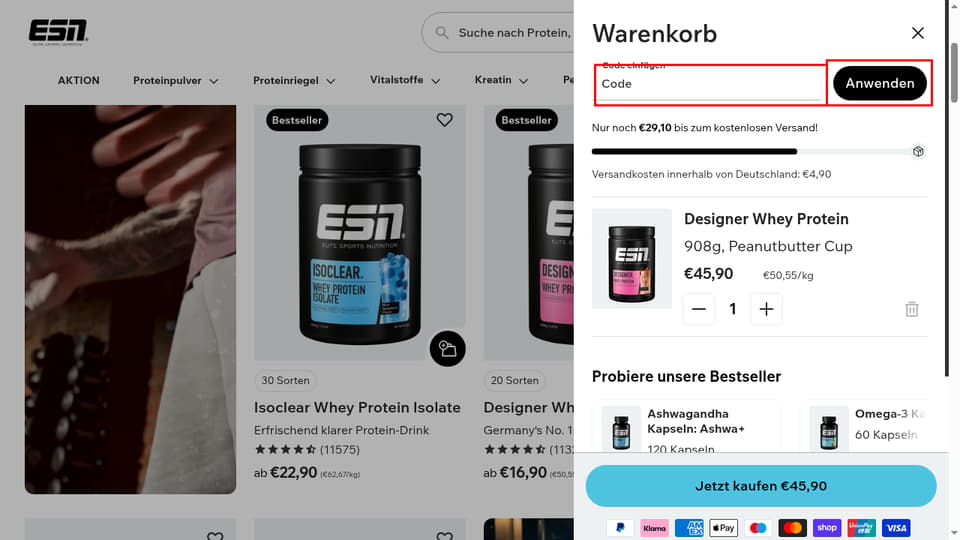 ESN checkout page showing the Code field and Anwenden button