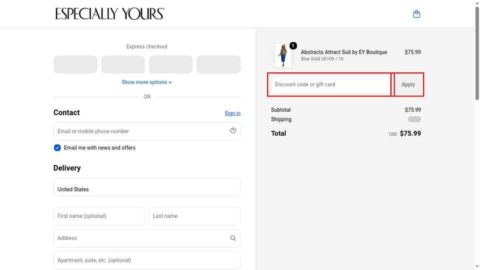 Especially Yours checkout page showing the Discount code or gift card field and Apply button