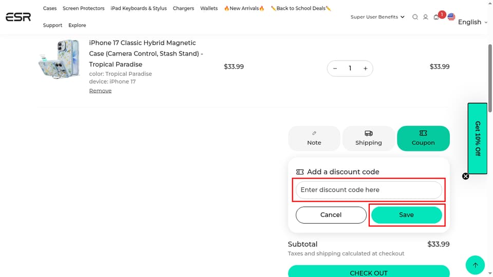 ESR Gear checkout page showing the Enter discount code here field and Save button