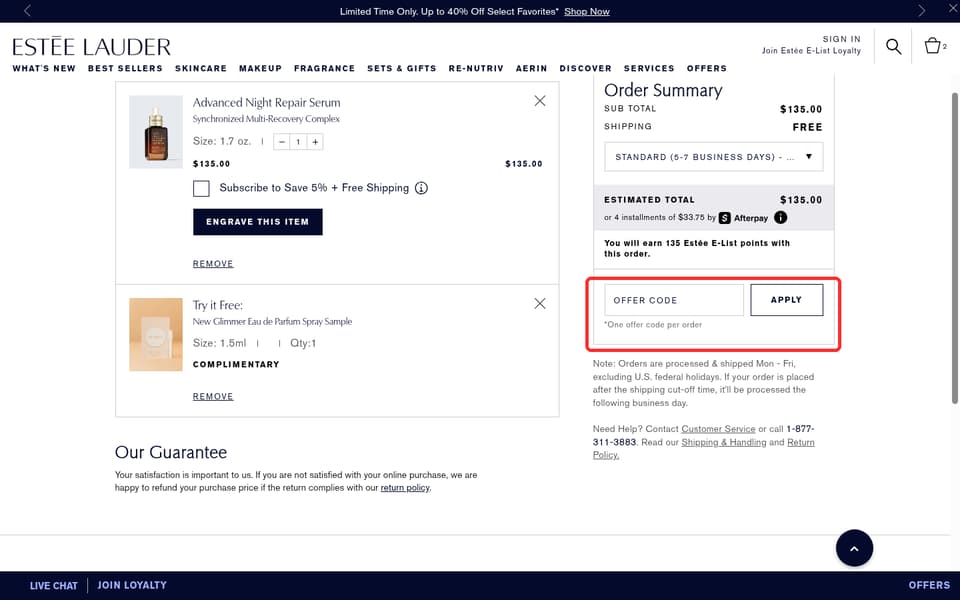 Estée Lauder checkout page showing the OFFER CODE field and APPLY button