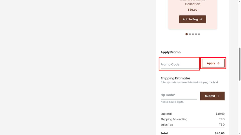 Ethel M. Chocolates checkout page showing the Promo Code field and Apply button
