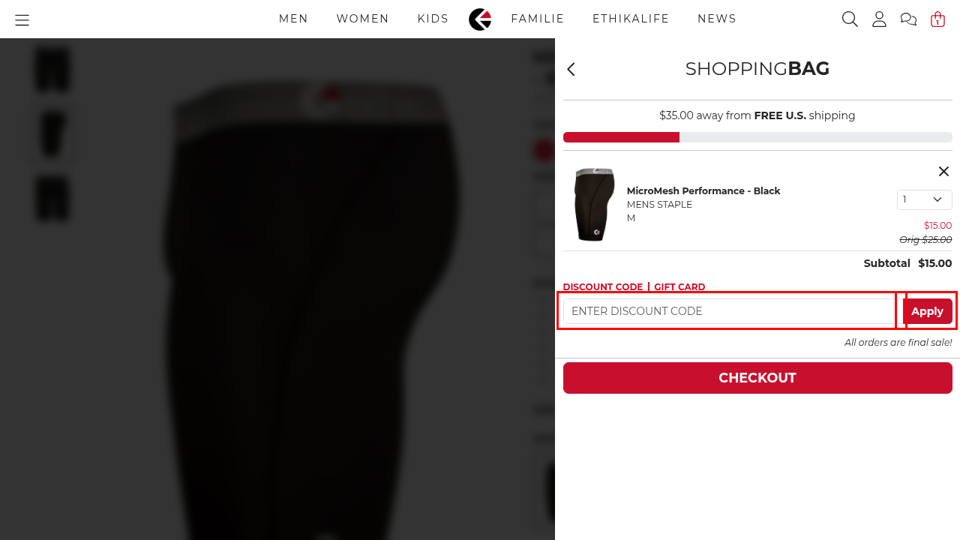 Ethika checkout page showing the Enter Discount Code field and Apply button