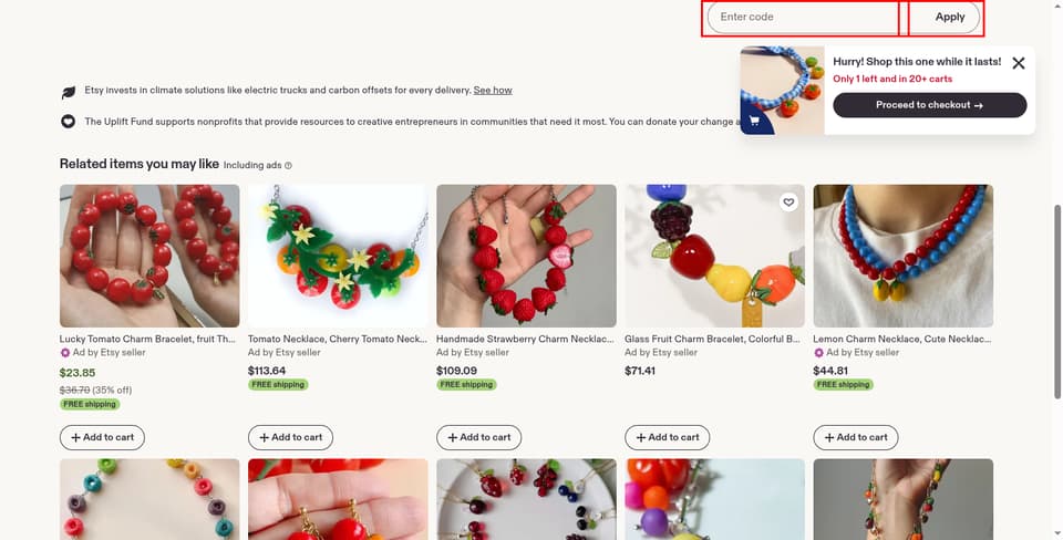 Etsy checkout page showing the Apply coupon code field and Apply button