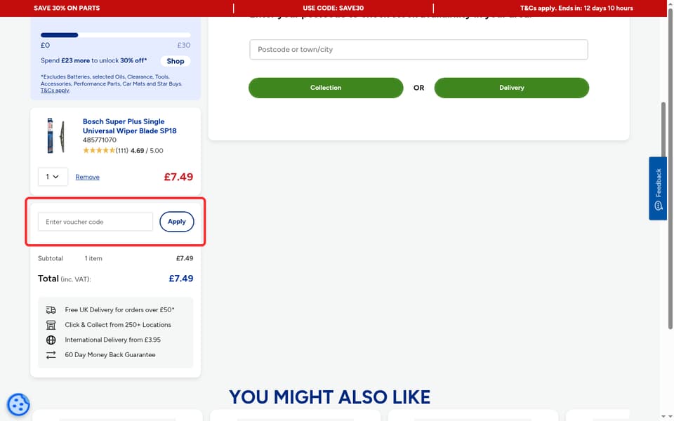 LKQ Euro Car Parts checkout page showing the Enter voucher code field and Apply button