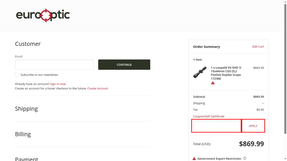 EuroOptic checkout page showing the Gift Certificate or Coupon Code field and Apply button