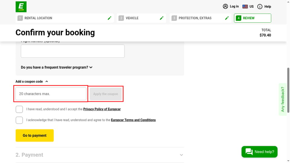 Europcar checkout page showing the 20 characters max. field and Apply the coupon button