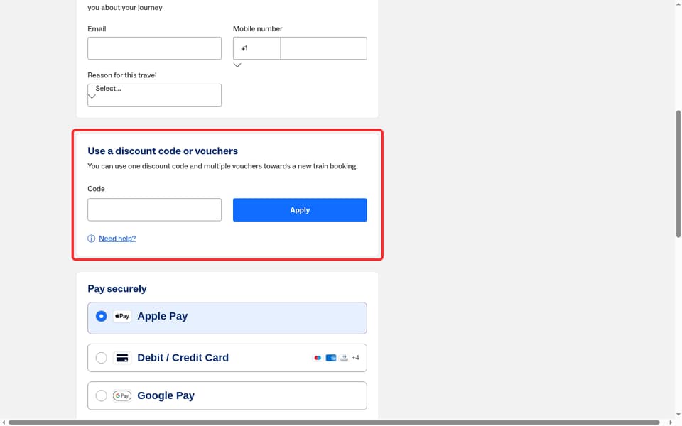 Eurostar checkout page showing the Code field and Apply button