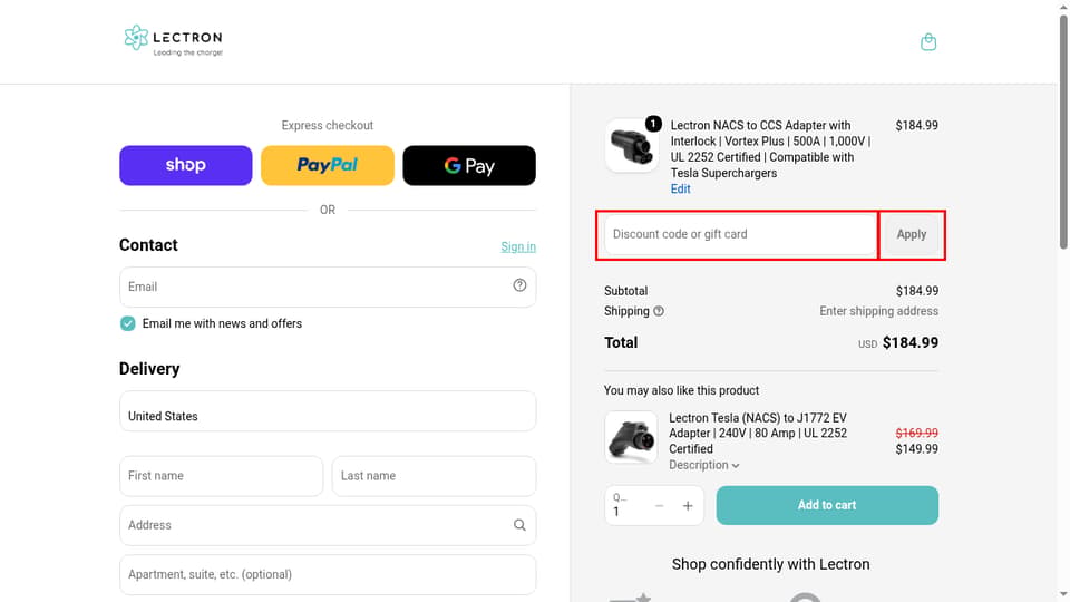 Lectron checkout page showing the Discount code or gift card field and Apply button