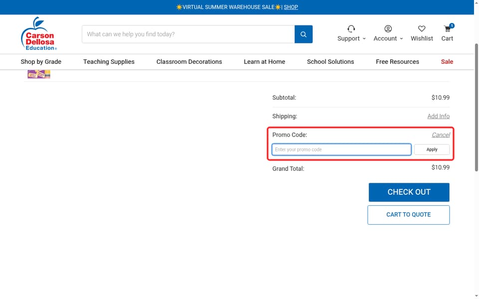Evan-Moor checkout page showing the Enter your promo code field and Apply button