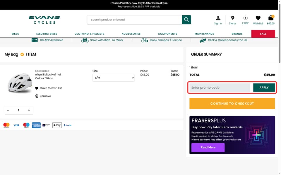 Evans Cycles checkout page showing the Enter promo code field and Apply button