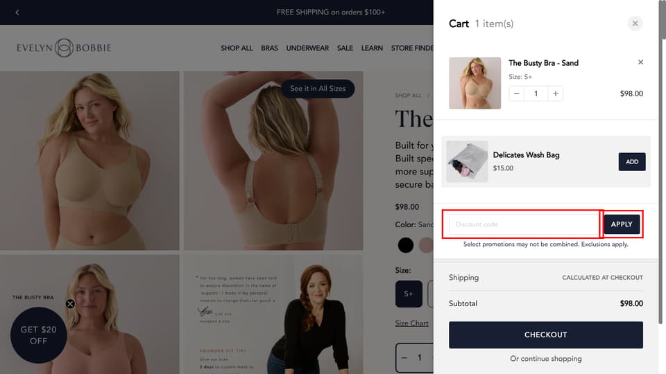 Evelyn & Bobbie checkout page showing the Discount code field and Apply button