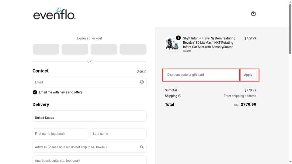 Evenflo checkout page showing the Discount code or gift card field and Apply button