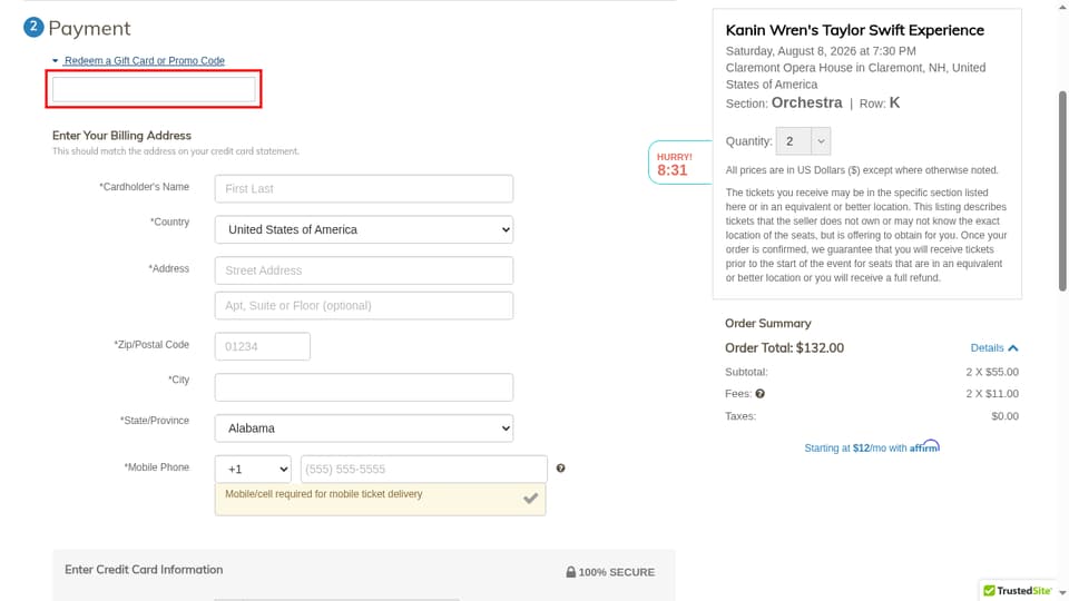 Event Tickets Center checkout page showing the Gift Card or Promo Code field and Apply button