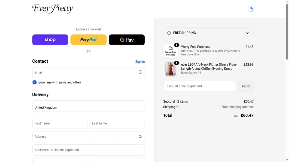 Ever-Pretty checkout page showing the Discount code or gift card field and Apply button