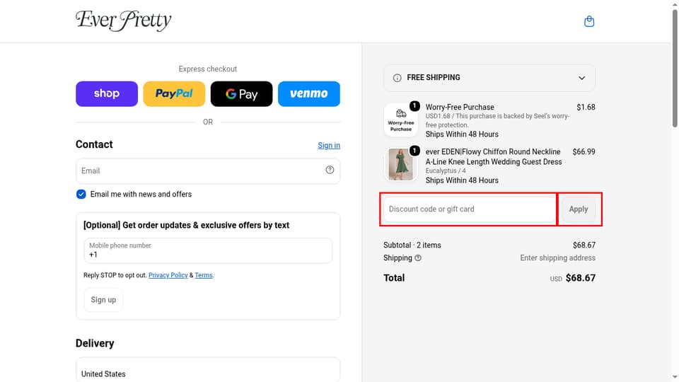 Ever-Pretty checkout page showing the Discount code or gift card field and Apply button