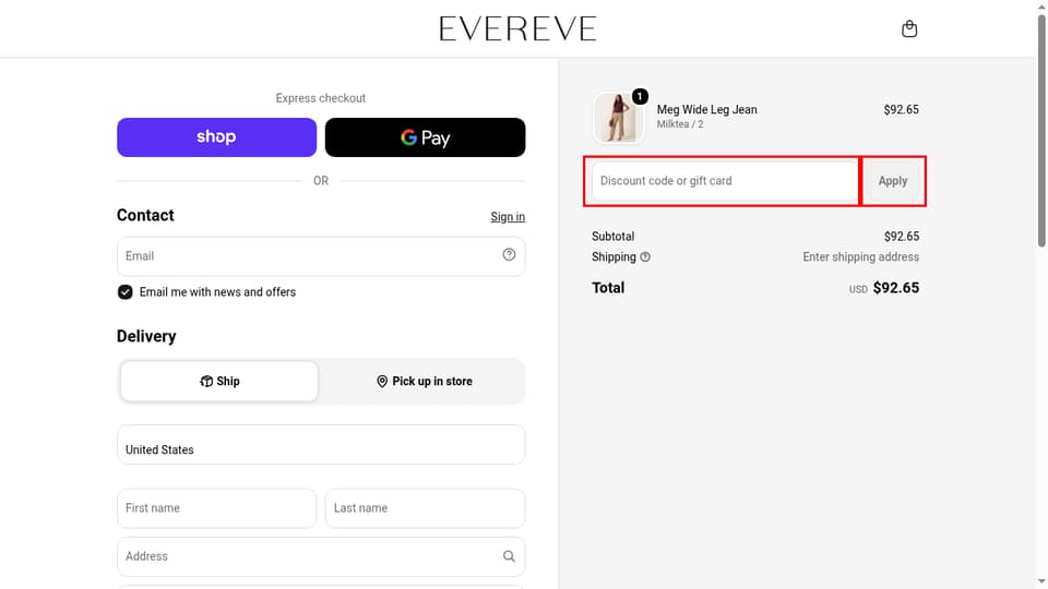EVEREVE checkout page showing the Discount code or gift card field and Apply button